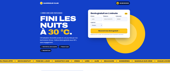 Exemple fictif de landing page pour un installateur de climatisation dans le Gard : accroche forte, formulaire de devis gratuit visible dès l'arrivée et bandeau de réassurance