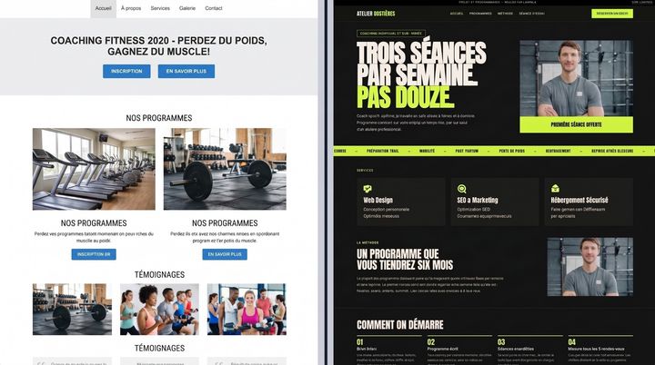Exemple fictif de refonte de site, avant et après : à gauche l'ancien site d'un coach sportif, daté et générique ; à droite la nouvelle version sombre, à la typographie forte et aux appels à l'action clairs