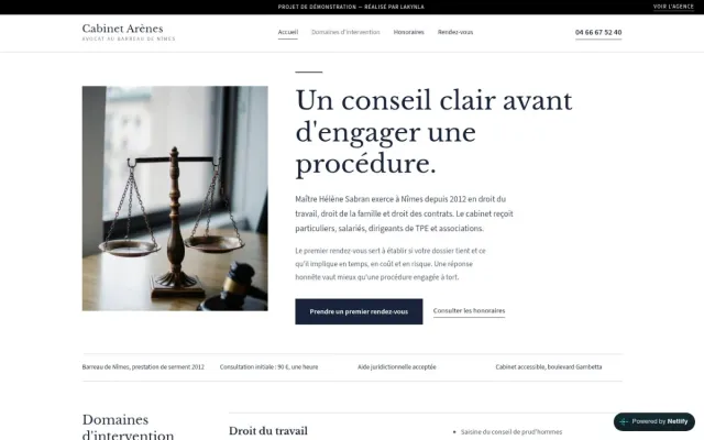 Maquette de site vitrine pour cabinet d'avocat, page d'accueil du concept fictif Cabinet Arènes