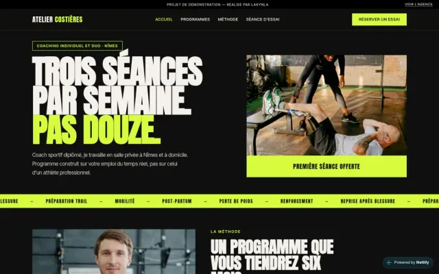 Maquette de site vitrine pour coach sportif, page d'accueil du concept fictif Atelier Costières