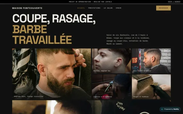 Maquette de site vitrine pour coiffeur-barbier, page d'accueil du concept fictif Maison Fontcouverte