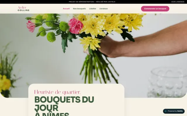 Maquette de site vitrine pour fleuriste, page d'accueil du concept fictif Atelier Colline
